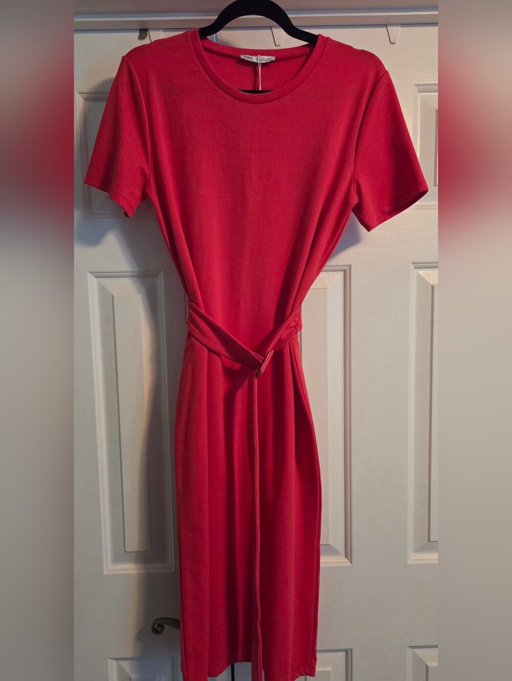 Zara Midi Dress in Vibrant Pink/Red with Belted Waist